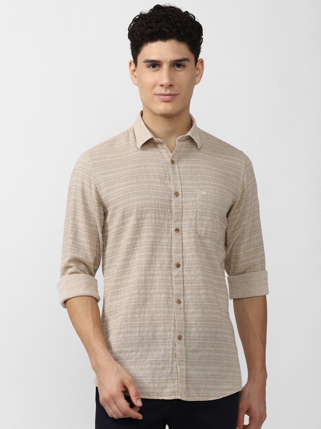 

Peter England Casuals Men Beige Slim Fit Horizontal Striped Casual Cotton Shirt