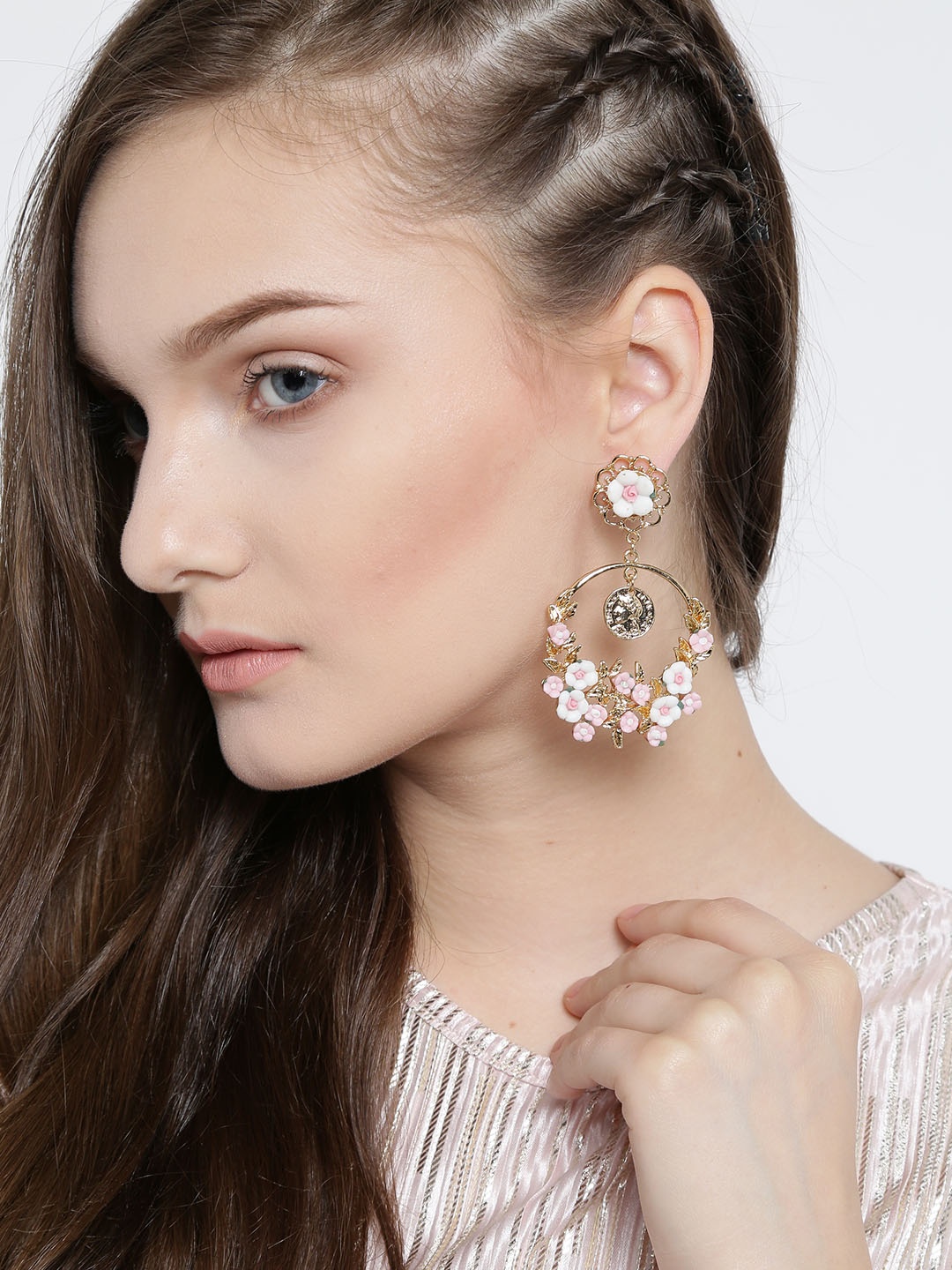 

YouBella Pink Gold-Plated Floral Drop Earrings
