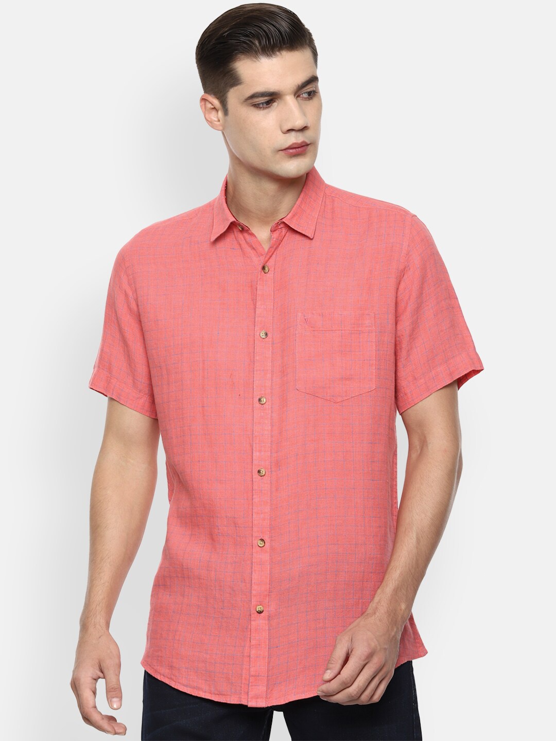 

Van Heusen Sport Men Red Slim Fit Checked Pure Linen Casual Shirt
