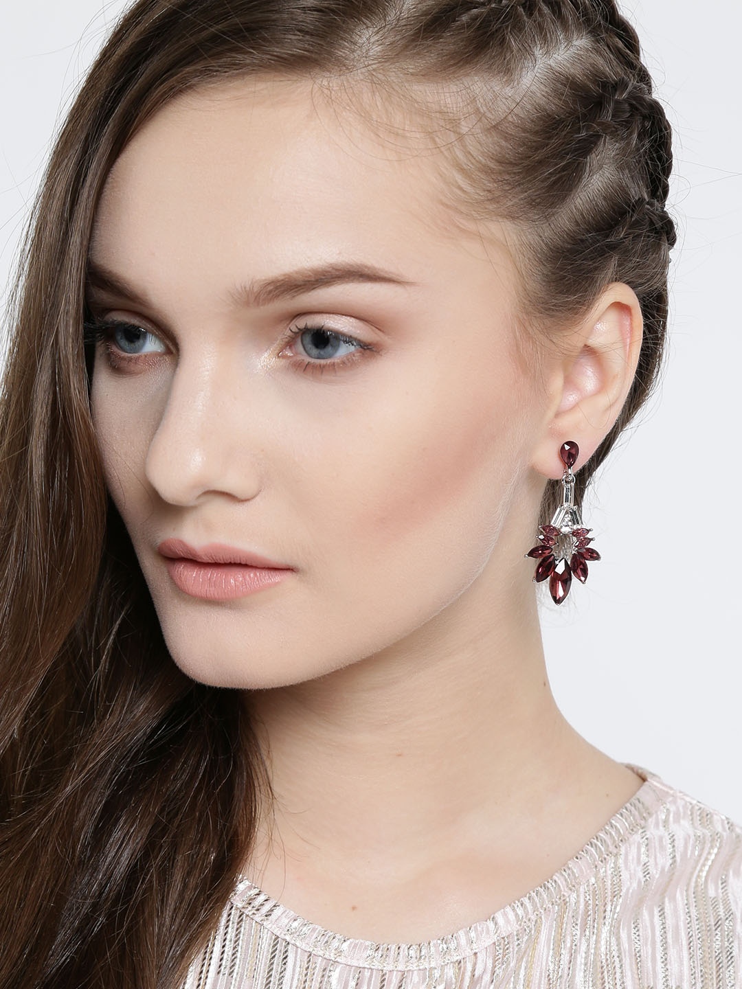 

YouBella Brown & Silver-Toned Stone-Studded Drop Earrings