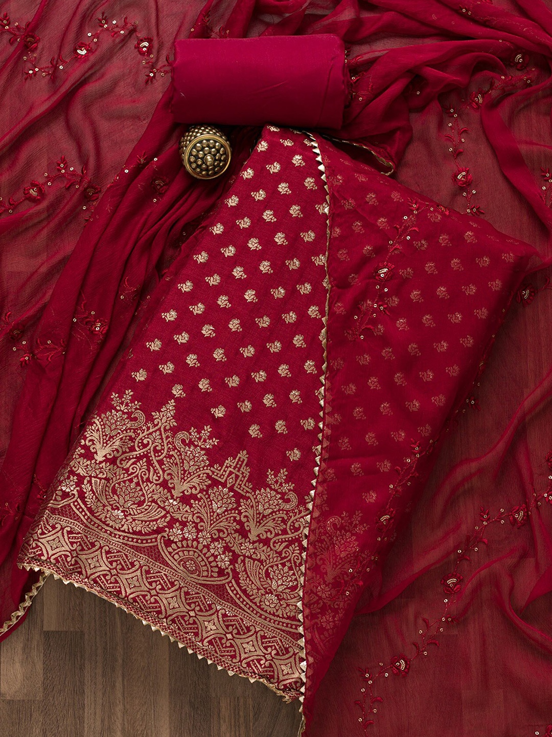 

Koskii Maroon & Gold-Toned Art Silk Unstitched Dress Material
