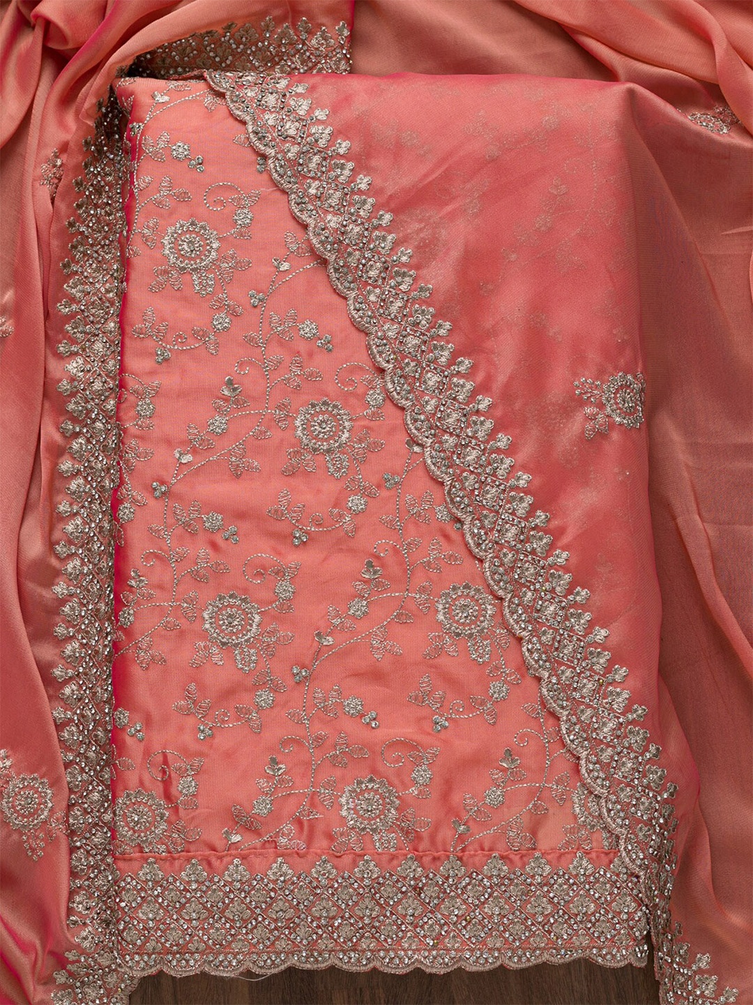 

Koskii Peach-Coloured & Silver-Toned Embroidered Satin Unstitched Dress Material