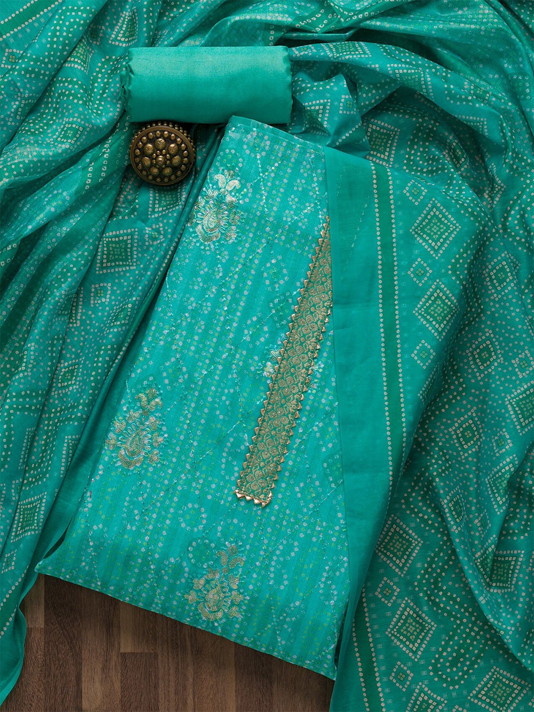 

Koskii Green & White Printed Art Silk Unstitched Dress Material
