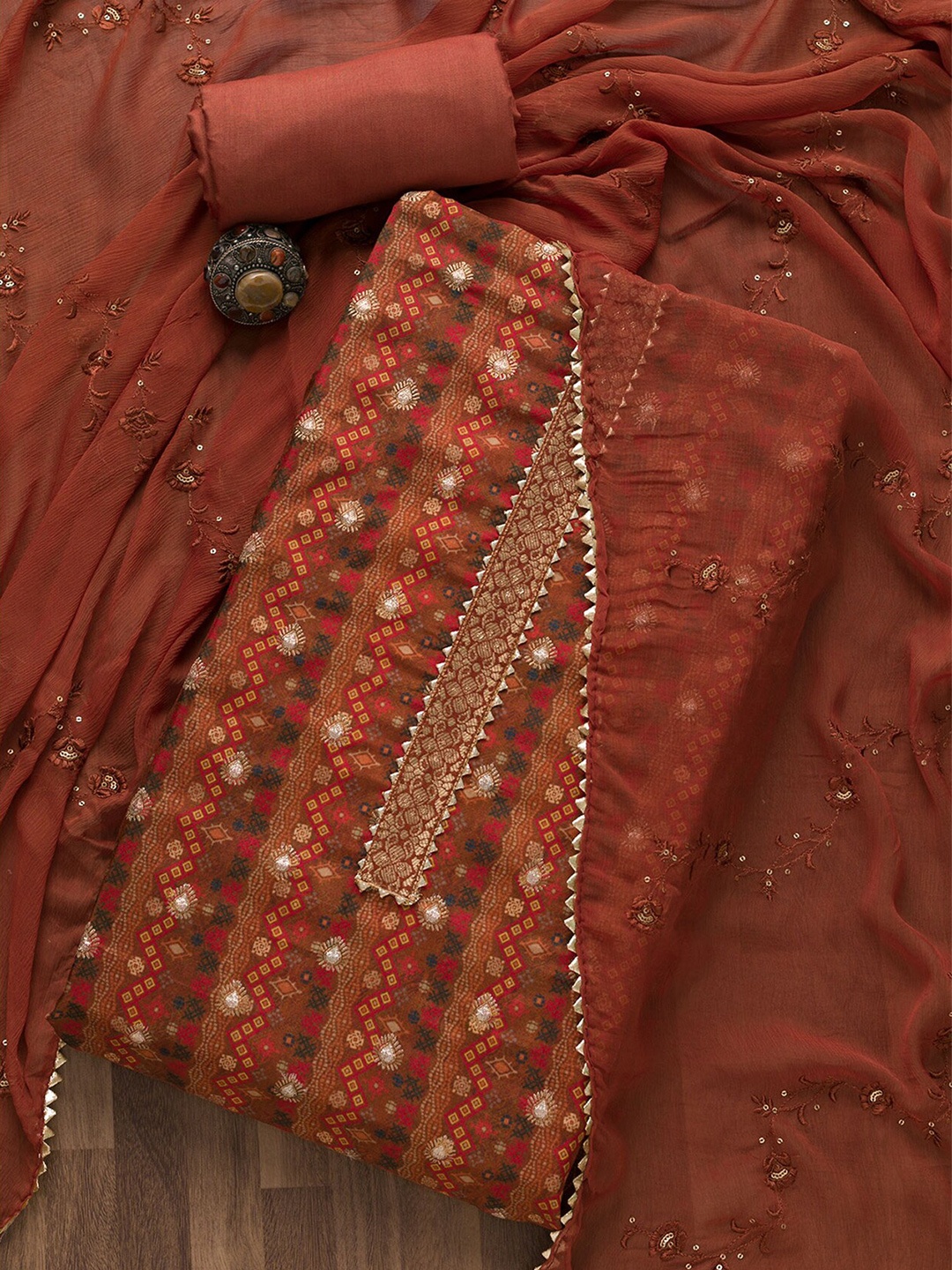 

Koskii Rust & Gold-Toned Printed Unstitched Dress Material
