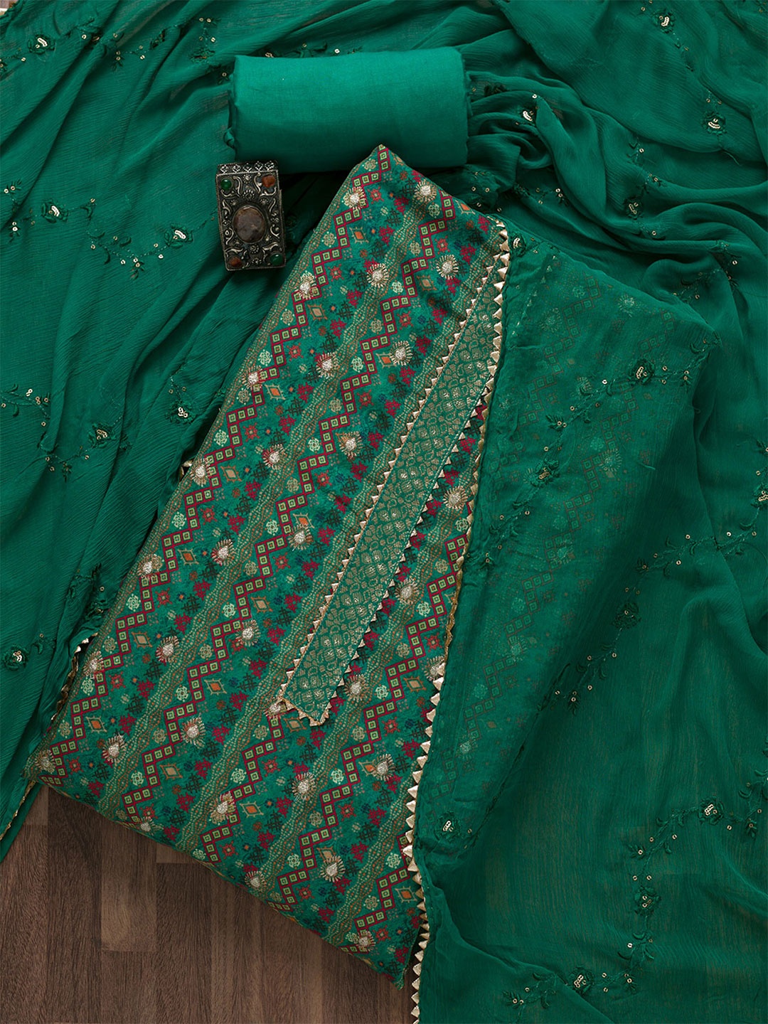 

Koskii Green & Gold-Toned Printed Unstitched Dress Material