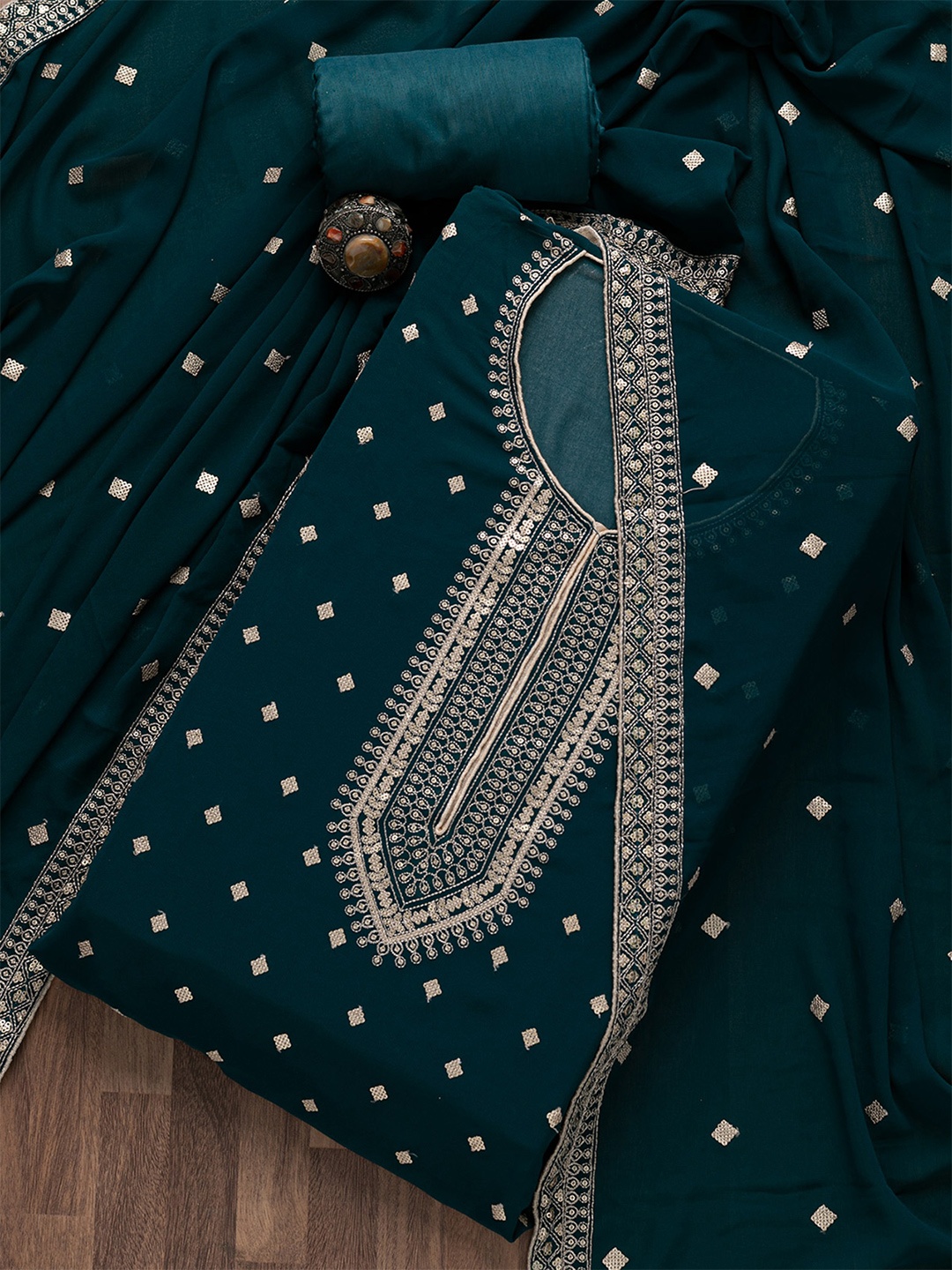 

Koskii Blue & Silver-Toned Embroidered Unstitched Dress Material