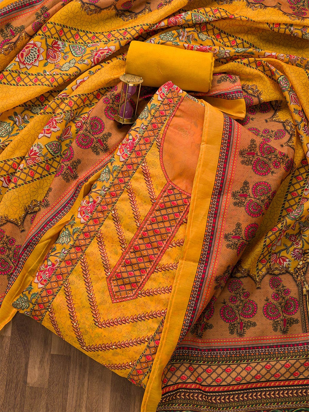 

Koskii Mustard & Green Printed Art Silk Unstitched Dress Material
