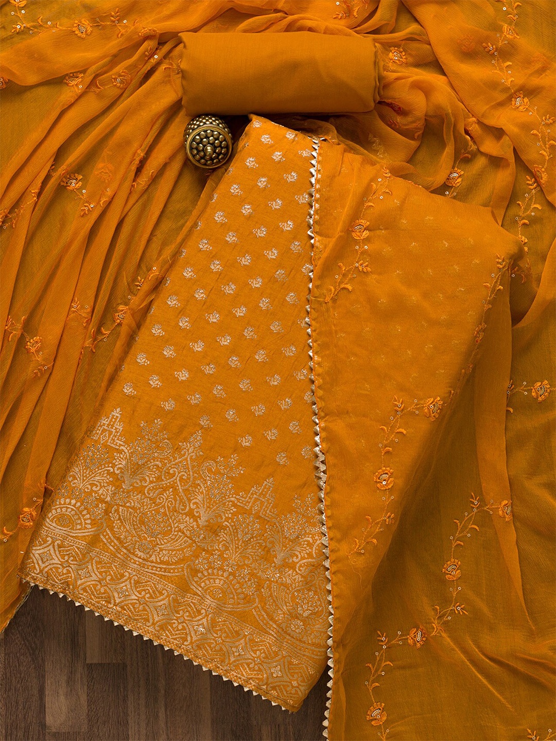 

Koskii Women Mustard & Gold-Toned Art Silk Unstitched Dress Material