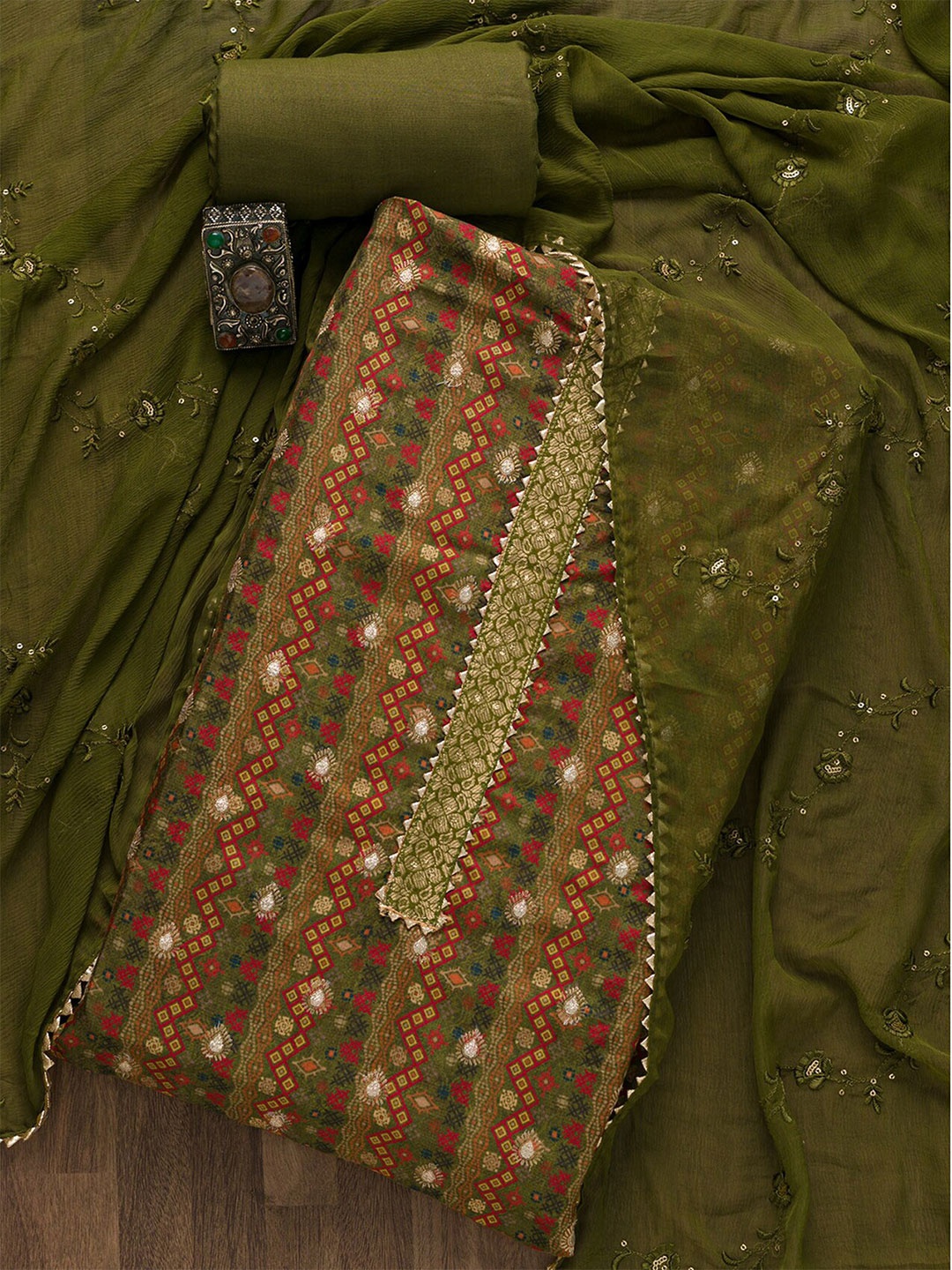 

Koskii Women Green & Red Printed & Embroidered Unstitched Dress Material