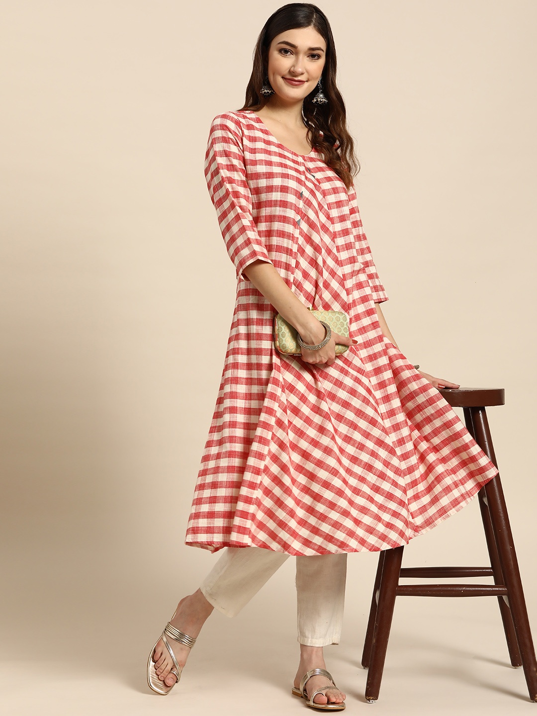 

Sangria Women Red & White Checked A-Line Kurta