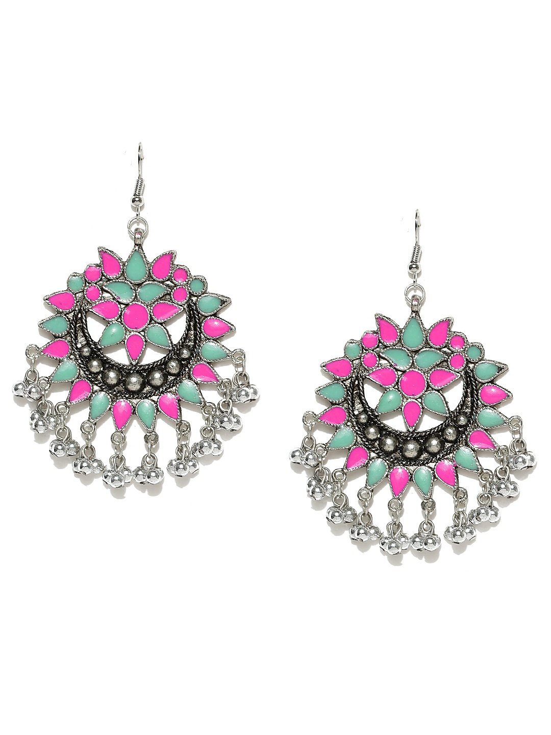 

YouBella Silver-Toned & Pink Crescent Shaped Chandbalis
