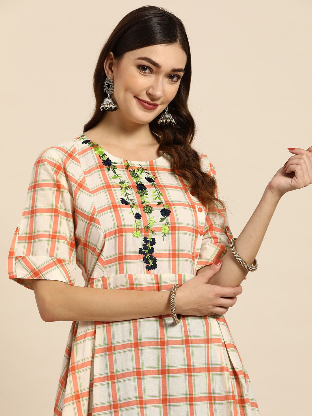 

Sangria Peach-Coloured & Off White Checked A-Line Kurta
