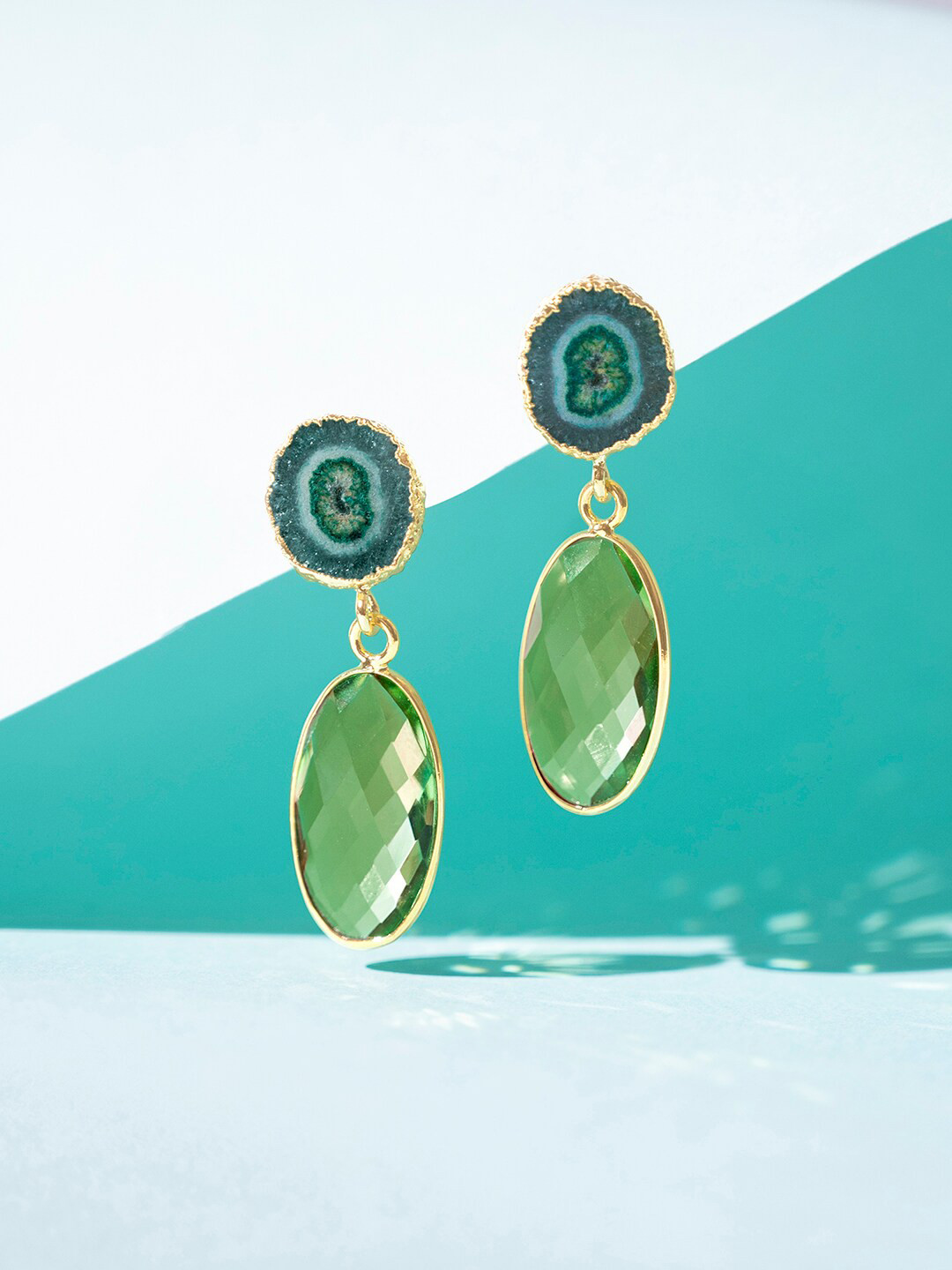 

March by FableStreet Women Green Quartz Studded Gold-Plated Teardrop Shaped Drop Earrings