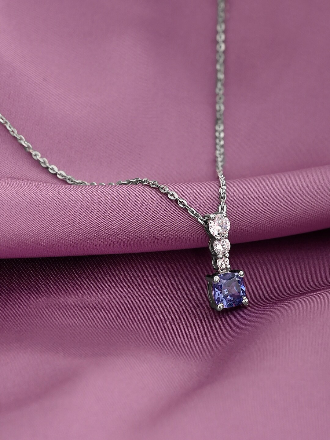 

March by FableStreet 925 Sterling Silver Rhodium-Plated Blue Zircon Necklace