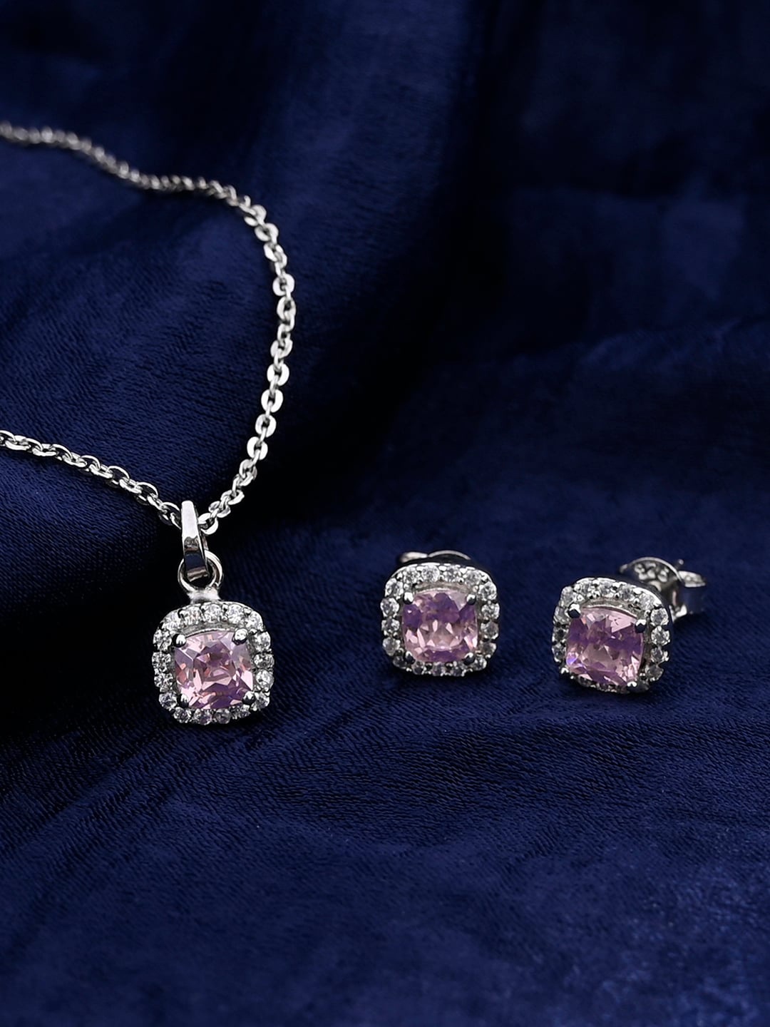

March by FableStreet 925 Sterling Silver Rhodium-Plated Pink Zircon Jewellery Set