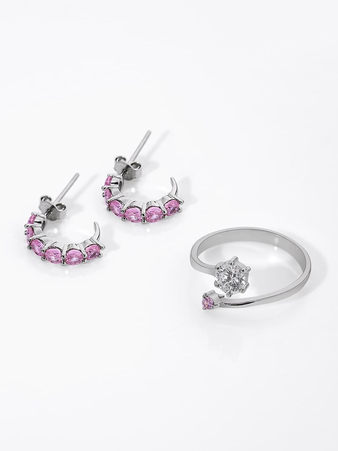 

March by FableStreet 925 Sterling Silver Rhodium-Plated Pink Zircon Jewellery Set