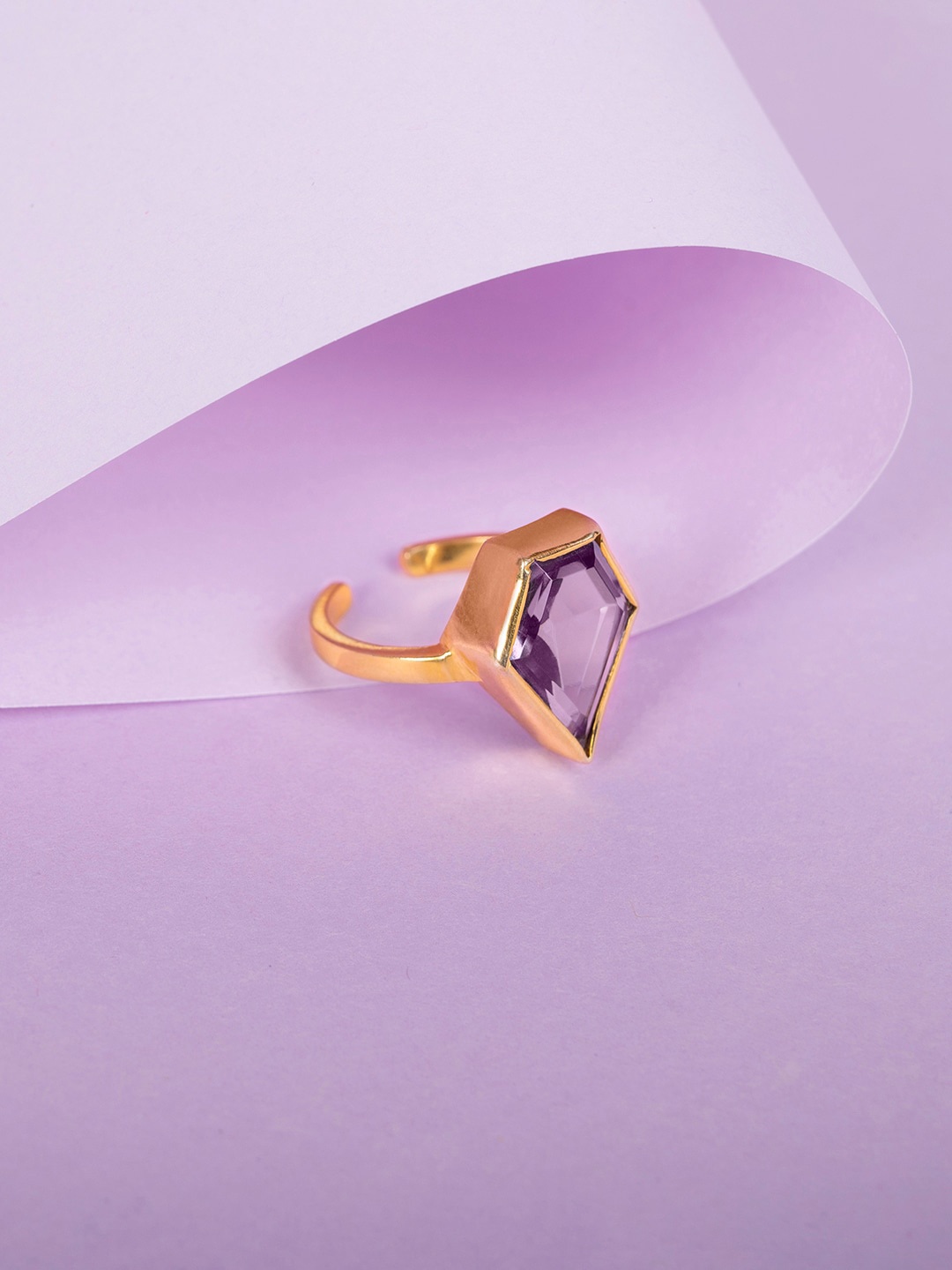 

March by FableStreet Gold-Plated Lavender Amethyst Studded Statement Finger Ring