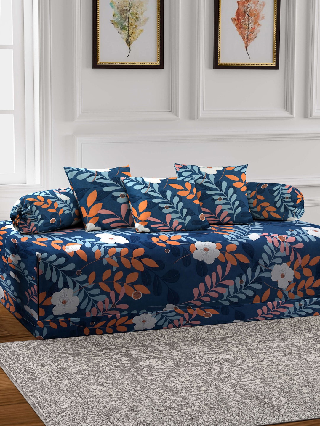 

Arrabi Set Of 6 Blue Floral Printed Diwan Set