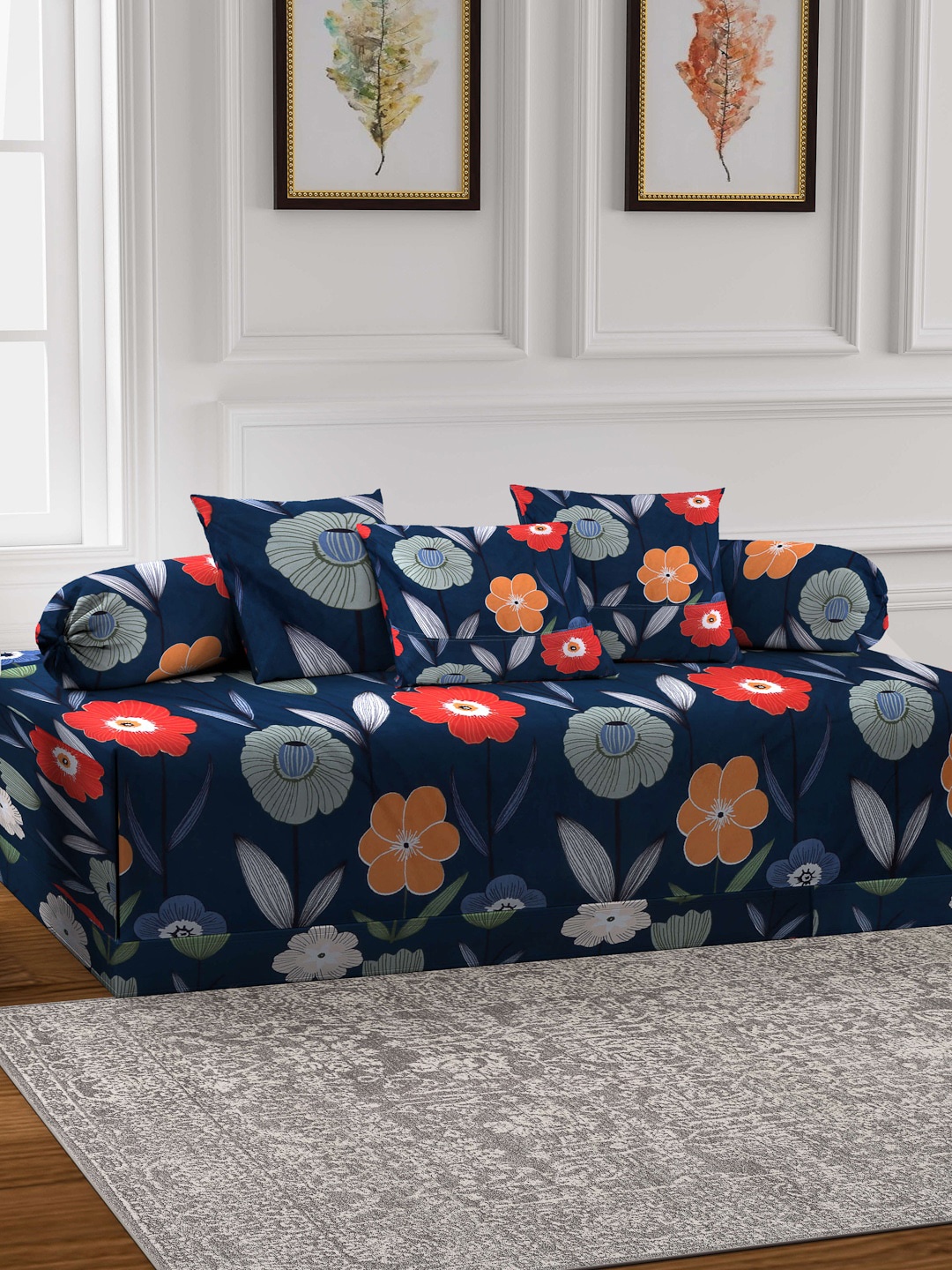 

Arrabi Set Of 6 Blue Floral Printed Diwan Set