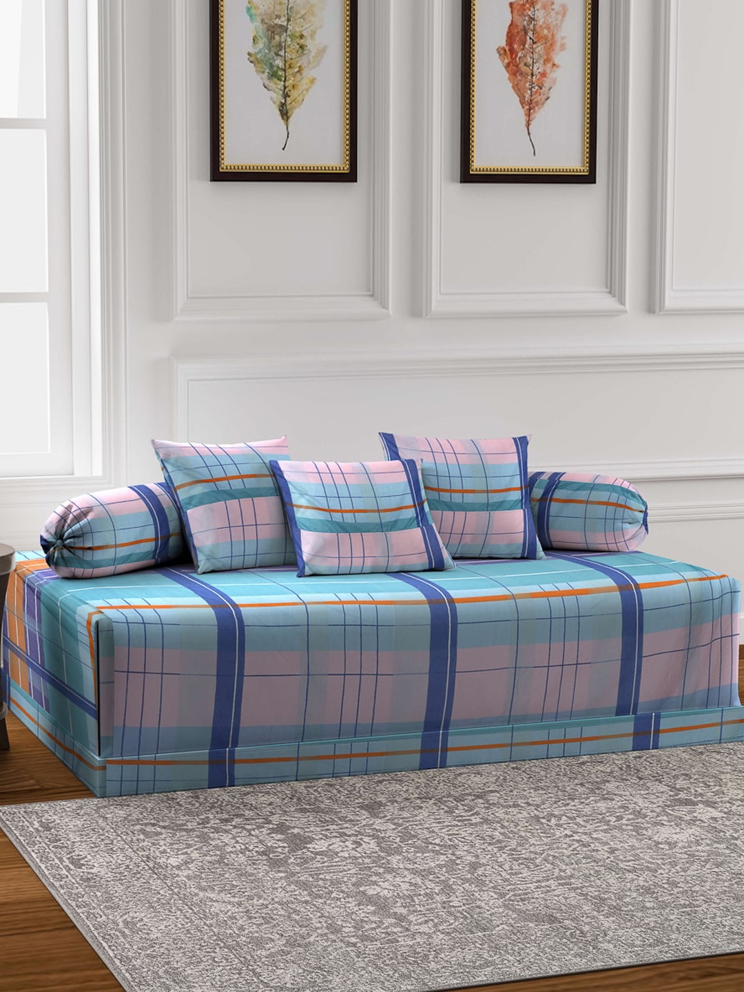 

Arrabi Set Of 6 Blue & Pink Printed Diwan Set, Multi