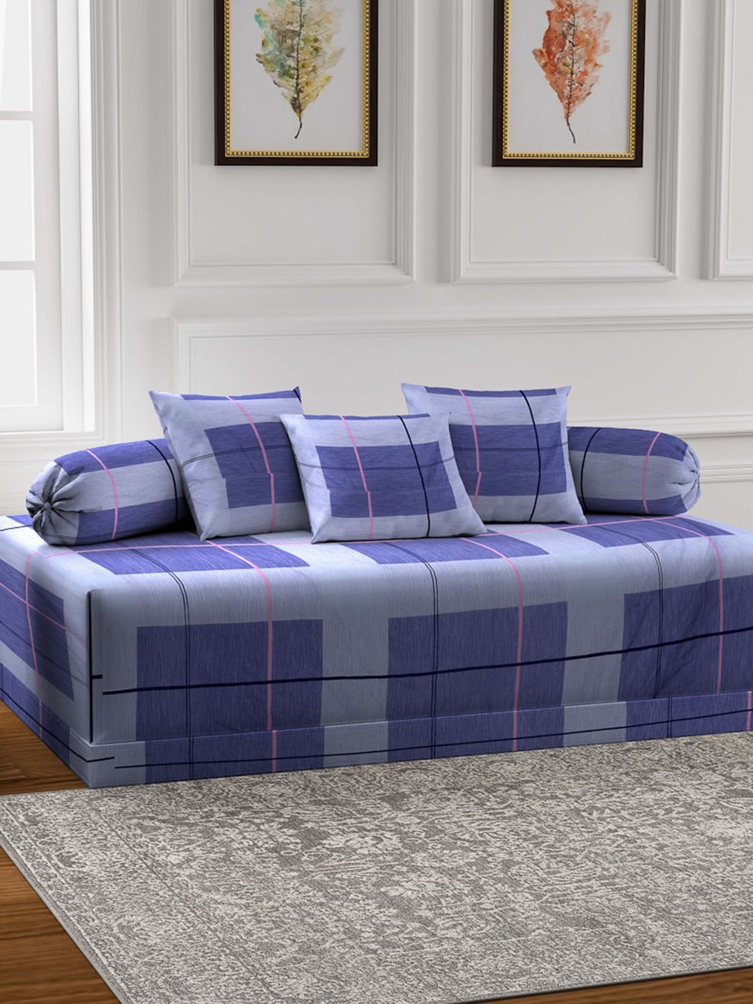 

Arrabi Set Of 6 Blue & Pink Printed Diwan Set