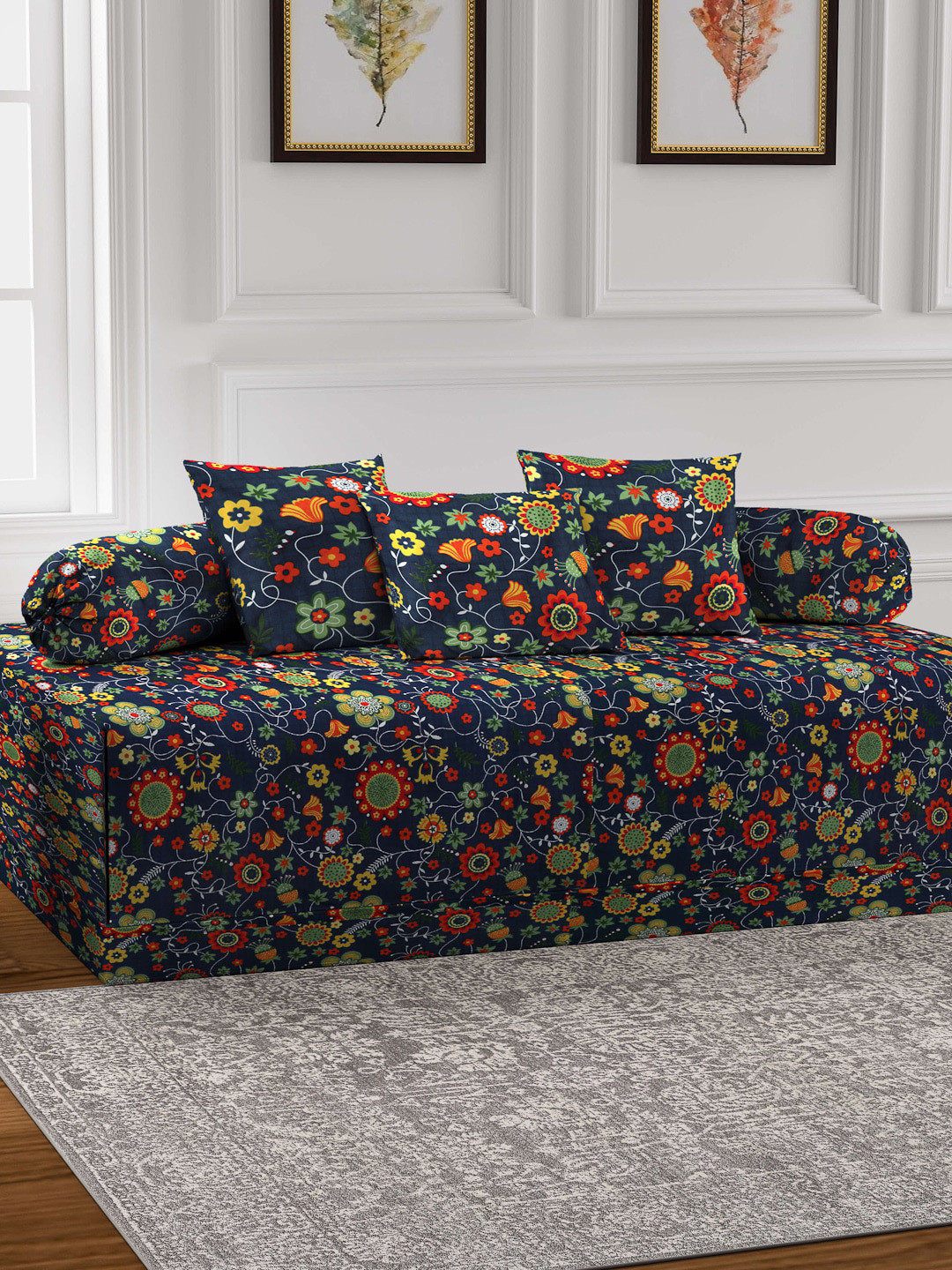 

Arrabi Set Of 6 Blue & Green Printed Diwan Set