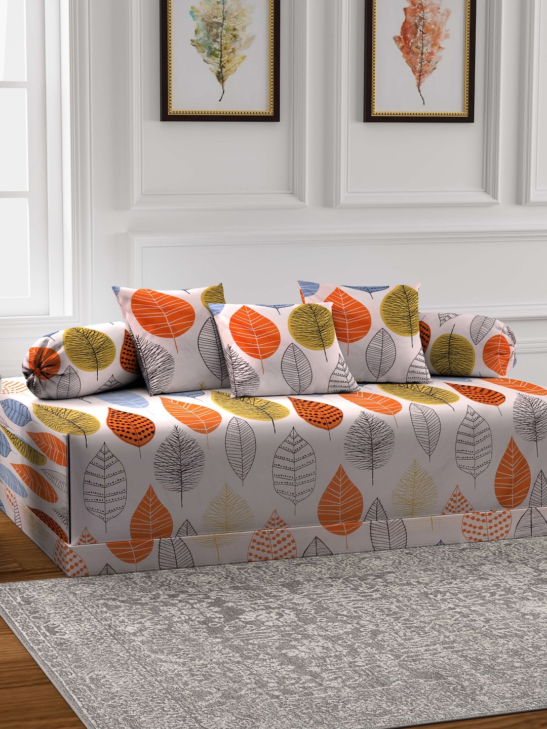 

Arrabi Set Of 6 White & Orange Printed Diwan Set
