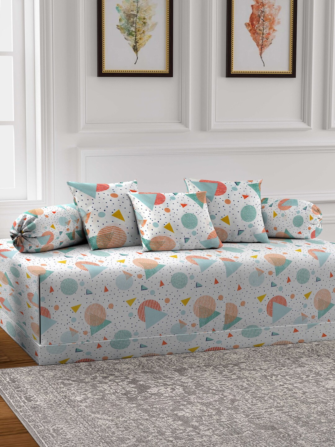 

Arrabi Set Of 6 White & Blue Printed Diwan Set