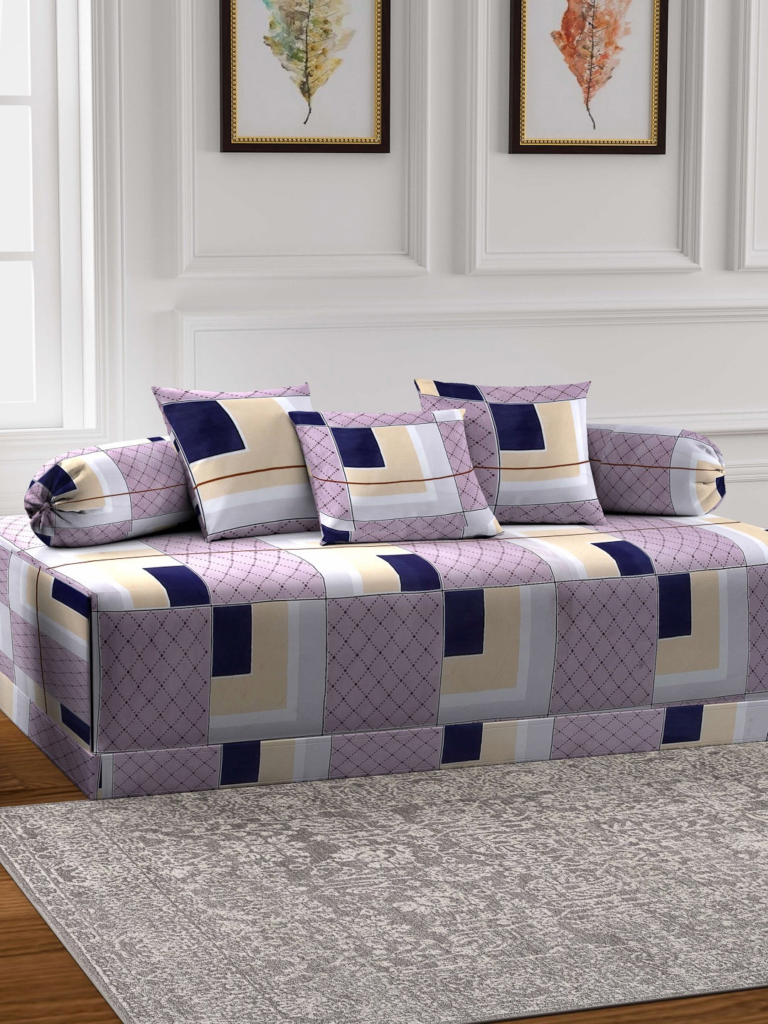 

Arrabi Set Of 6 Purple & Blue Printed Diwan Set