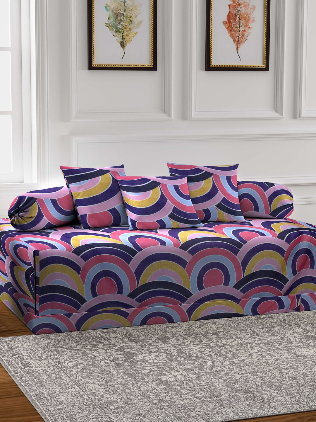 

Arrabi Set Of 6 Pink & Blue Printed Diwan Set