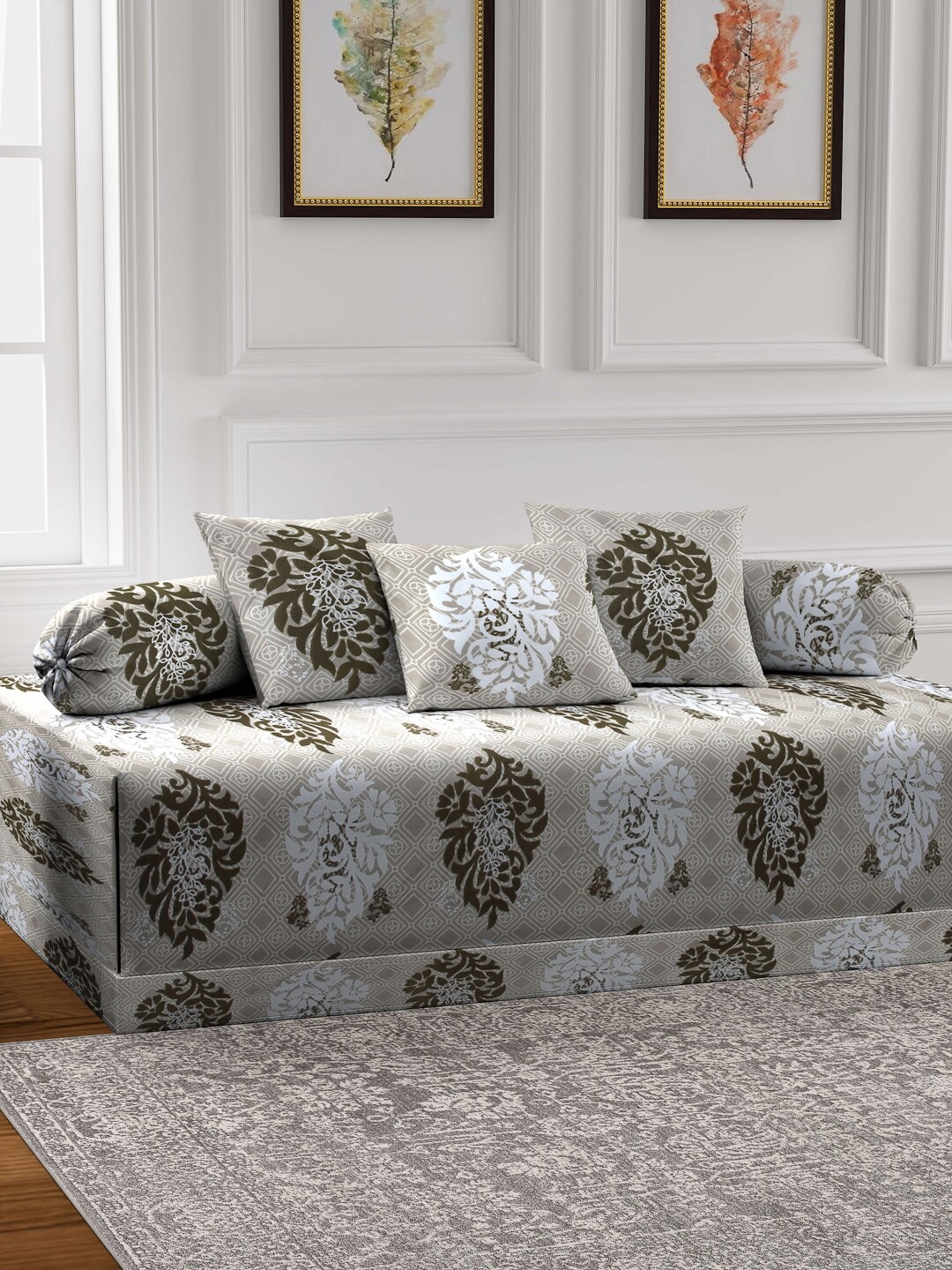 

Arrabi Set Of 6 Brown & White Printed Diwan Set
