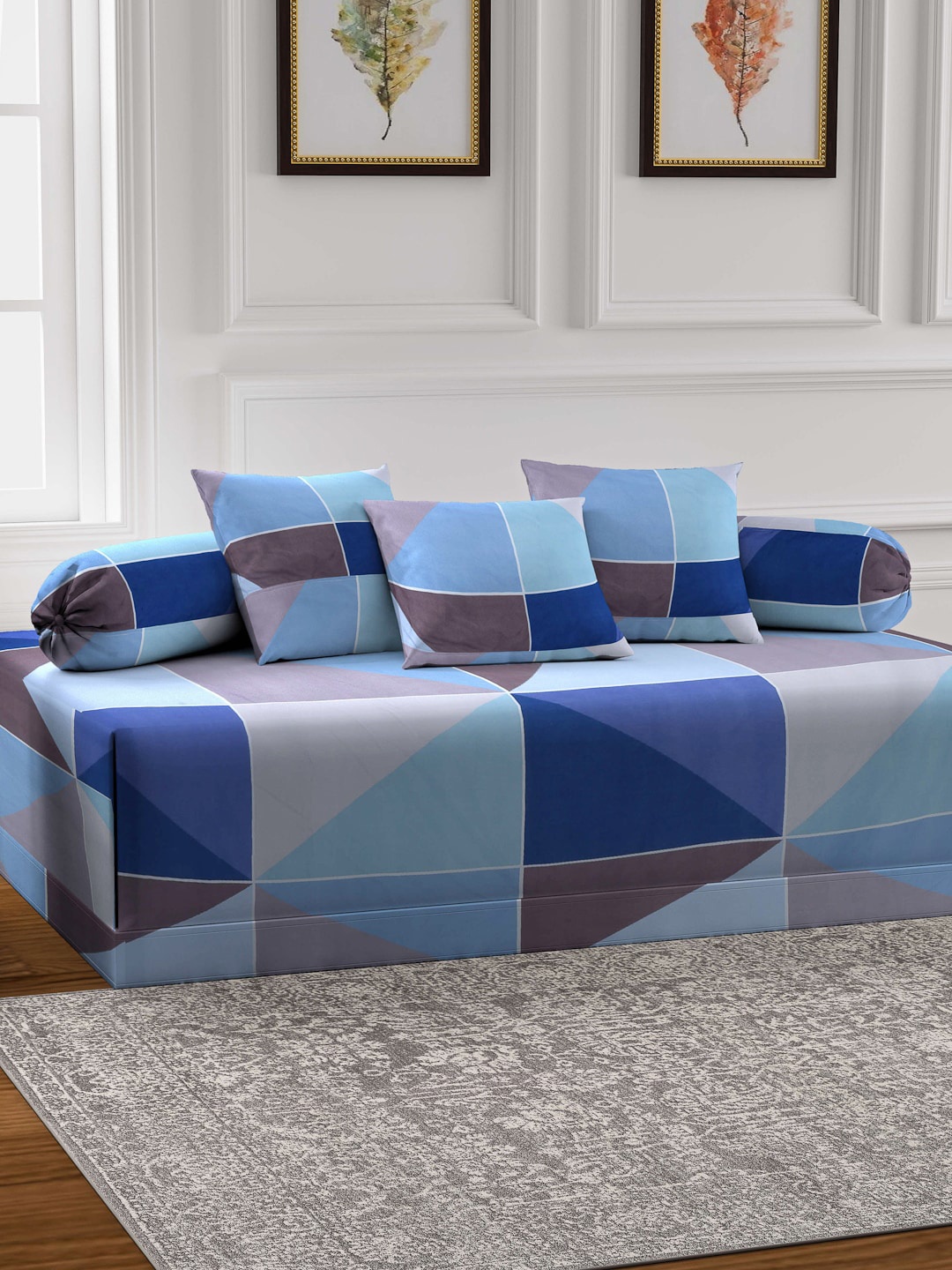 

Arrabi Set Of 6 Blue & Brown Geometric Printed Diwan Set