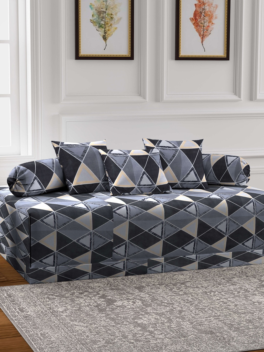 

Arrabi Set Of 6 Grey & White Printed Diwan Set