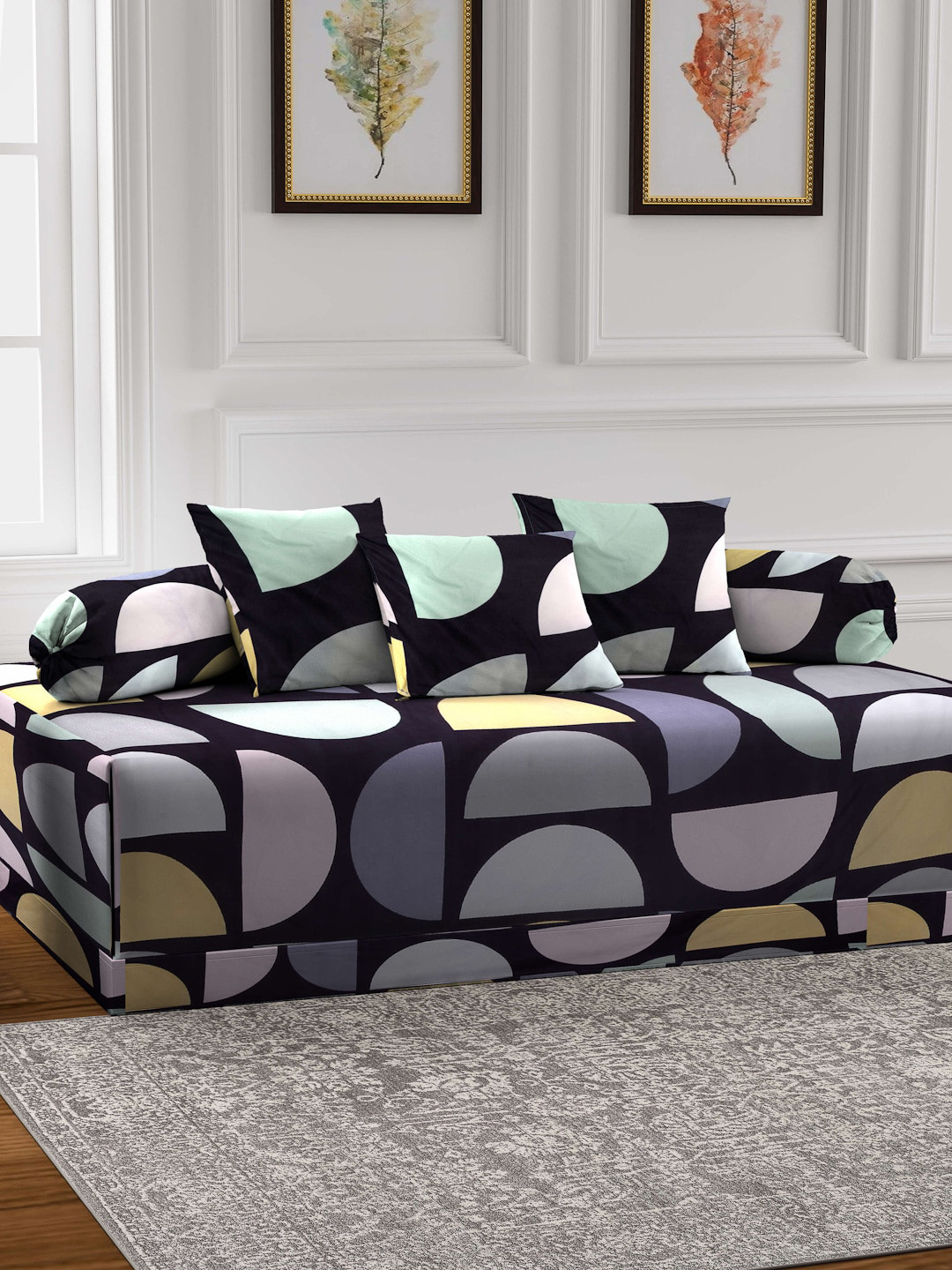 

Arrabi Set of 6 Black & Sea Green Geometric Printed Diwan Set