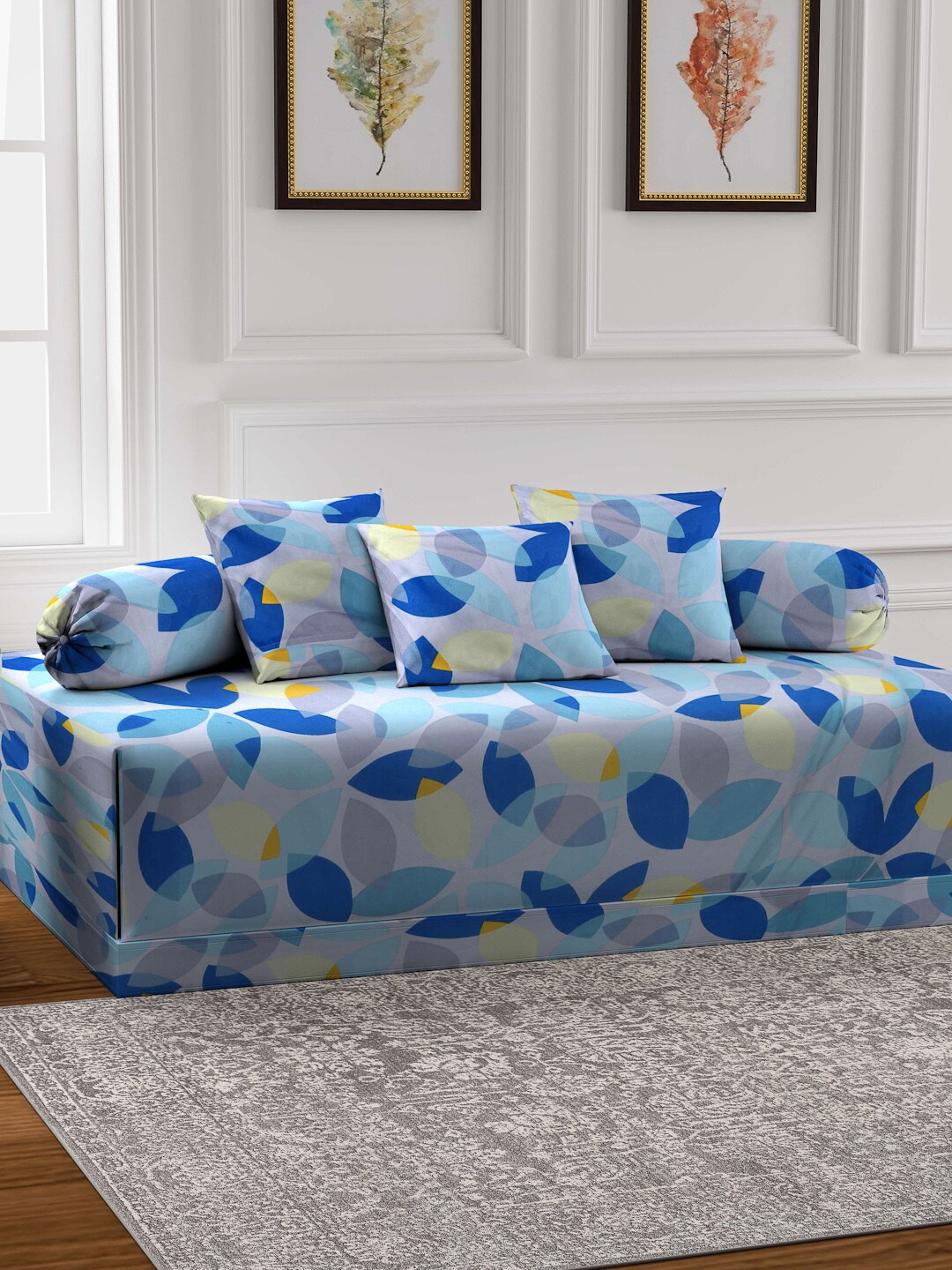 

Arrabi Set Of 6 Grey & Blue Printed Diwan Set