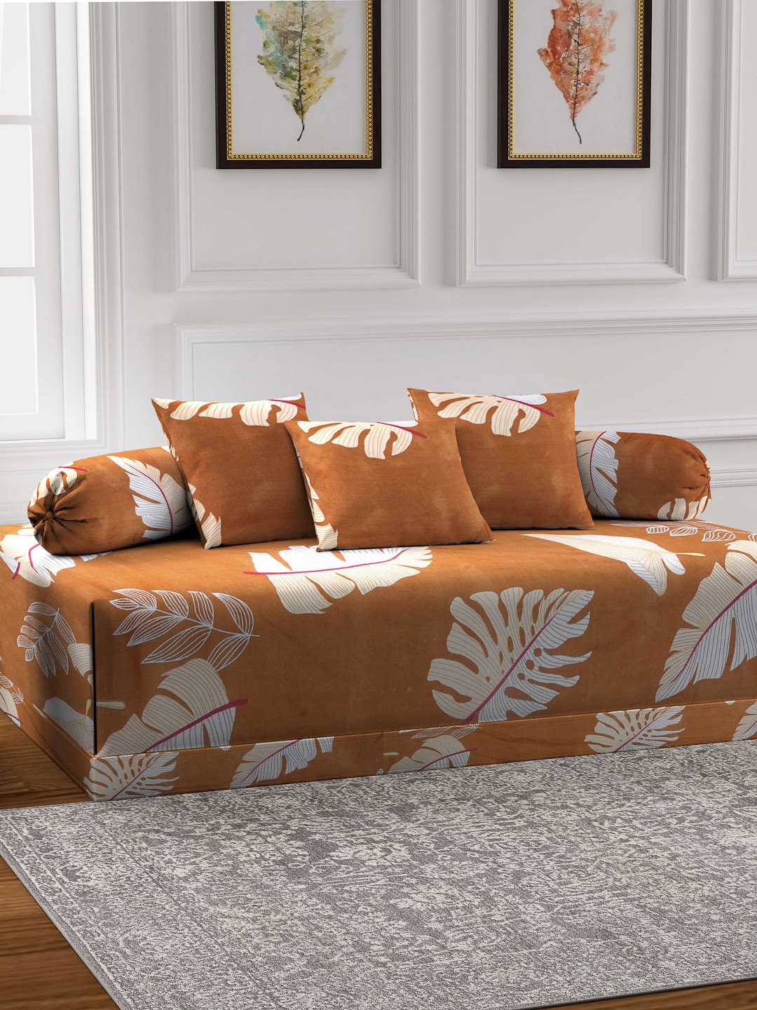 

Arrabi Set of 6 Brown & White Leaves Printed Diwan Set