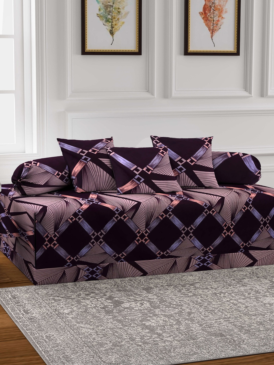 

Arrabi Set Of 6 Brown & Pink Printed Diwan Set