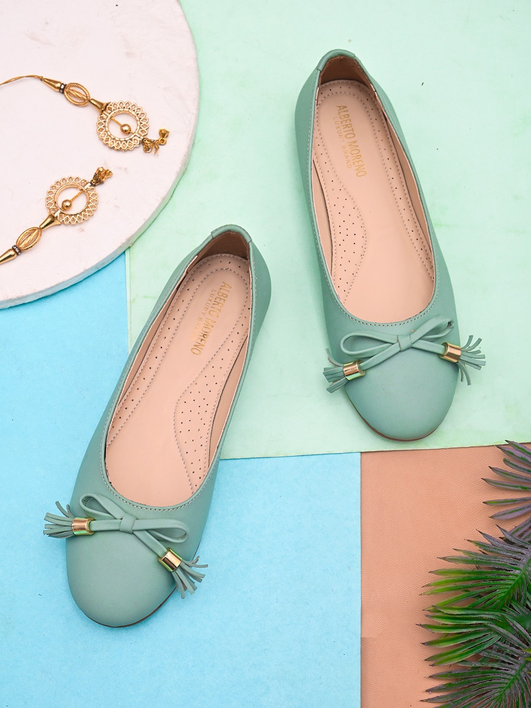 

ALBERTO MORENO Women Sea Green Ballerinas with Bows Flats