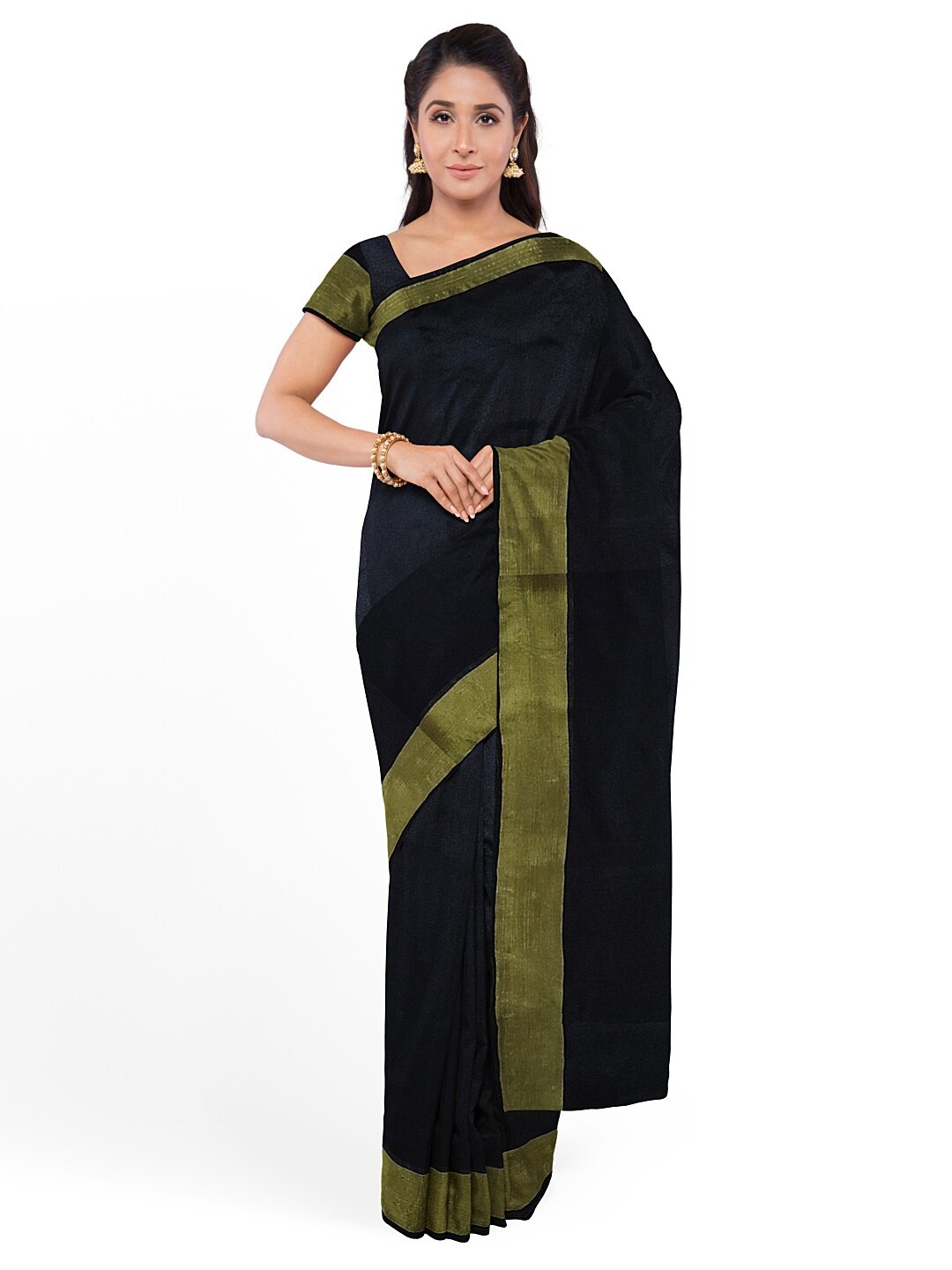 

Silk Bazar Black & Gold-Toned Zari Silk Cotton Sungudi Saree