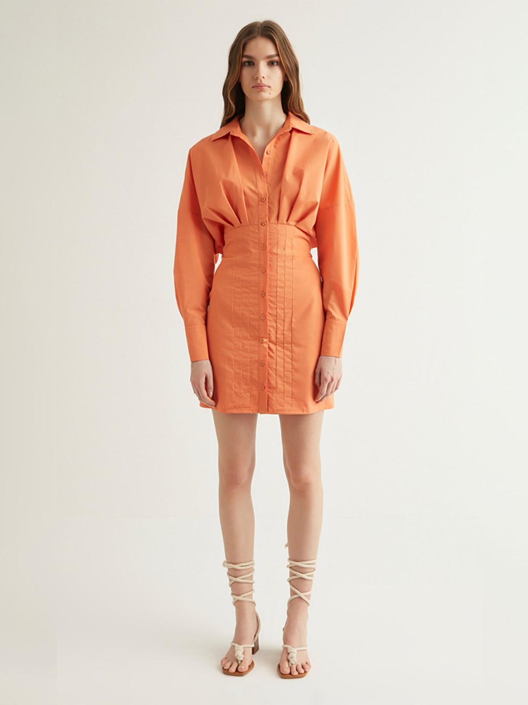 

Trendyol Women Orange Solid Shirt Collar Sheath Dress