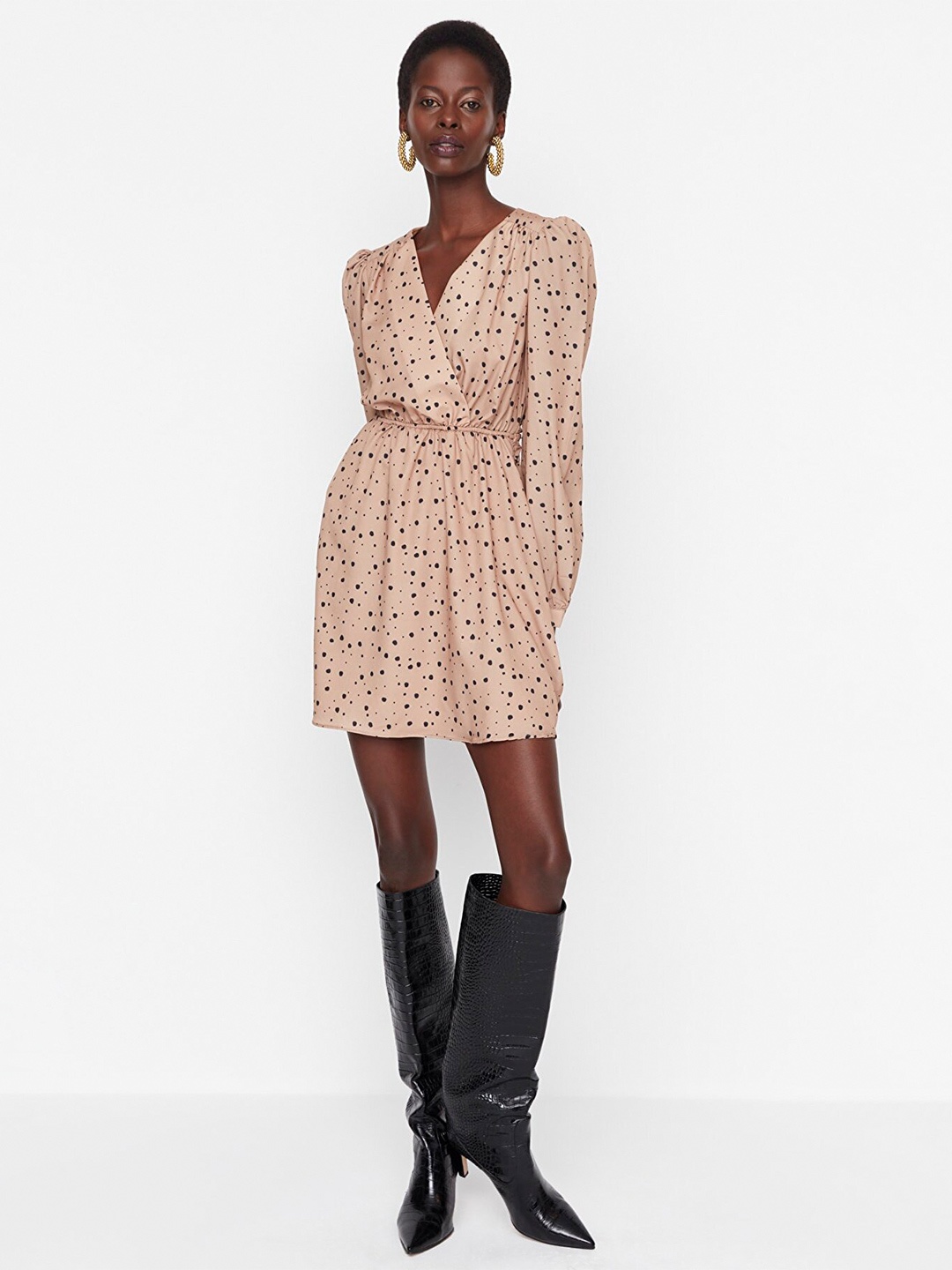 

Trendyol Camel Brown Wrap Polka Dot Printed Dress