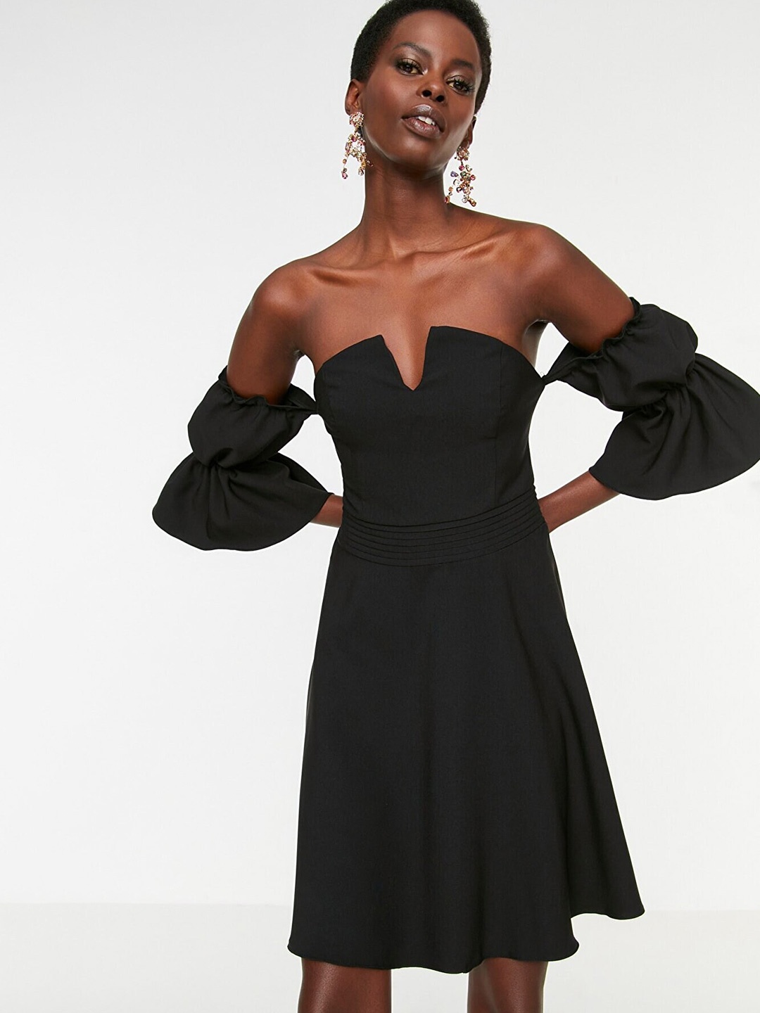 

Trendyol Women Black Off-Shoulder Fit & Flare Cold Shoulder Mini Dress