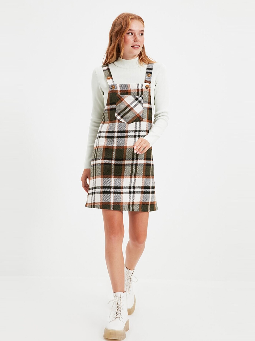

Trendyol White & Brown Checked Pinafore Dress