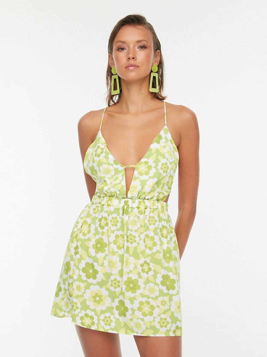 

Trendyol Women Green Floral A-Line Mini Dress
