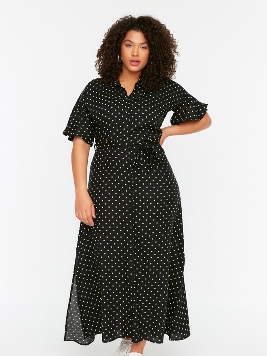 

Trendyol Women Black & White Polka Dots Printed Shirt Maxi Dress