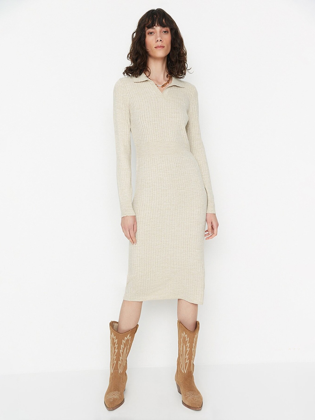 

Trendyol Women Beige Jumper Midi Dress