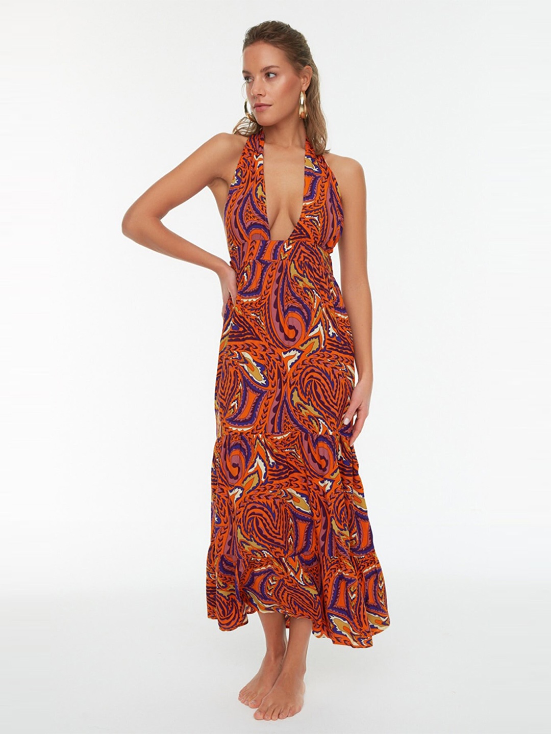 

Trendyol Orange & Blue Printed Maxi Dress