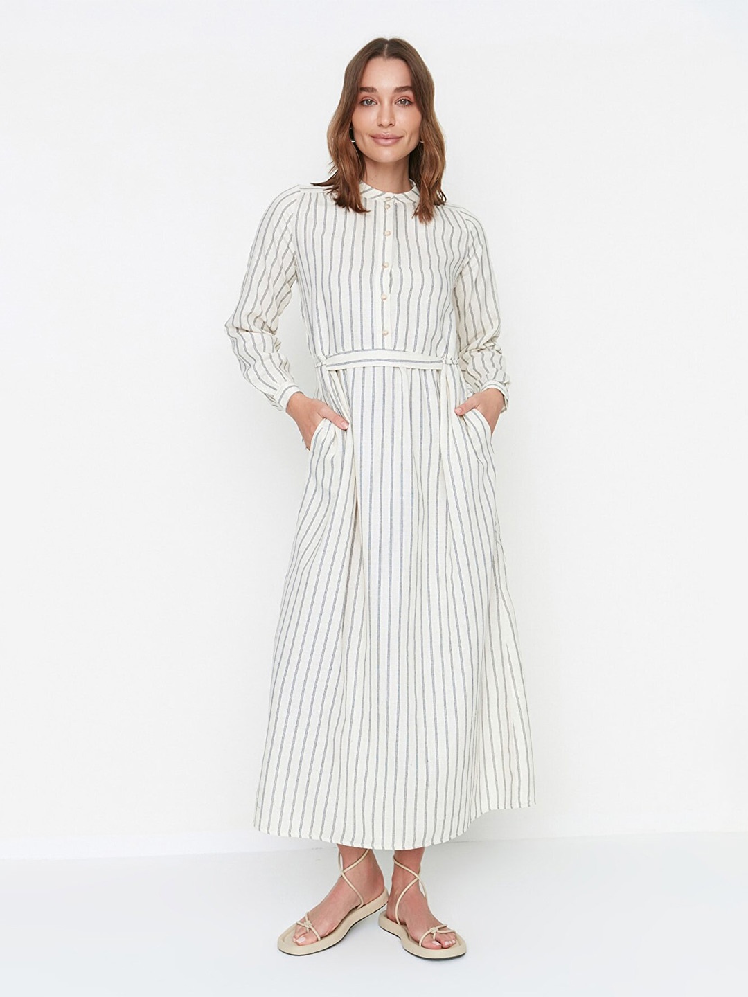 

Trendyol Off White Striped A-Line Midi Dress