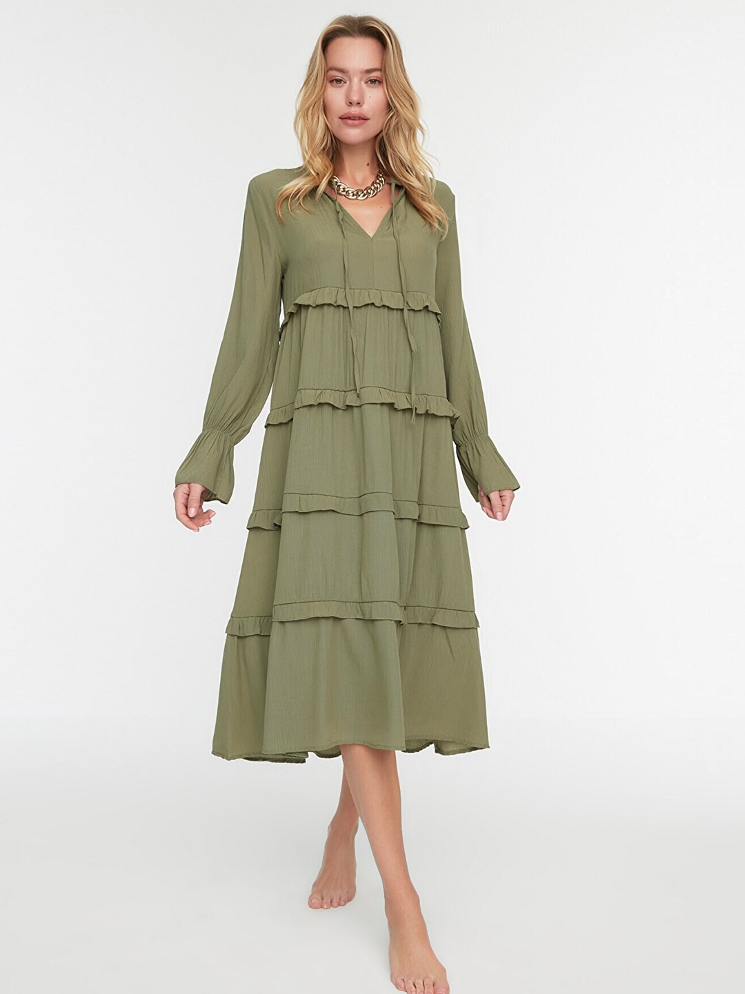 

Trendyol Women Khaki Tie-Up Neck A-Line Midi Dress