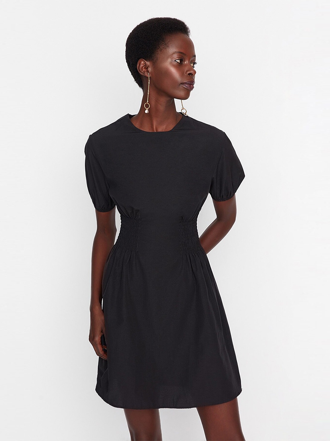 

Trendyol Women Black Solid Puff Sleeves Cotton Dress
